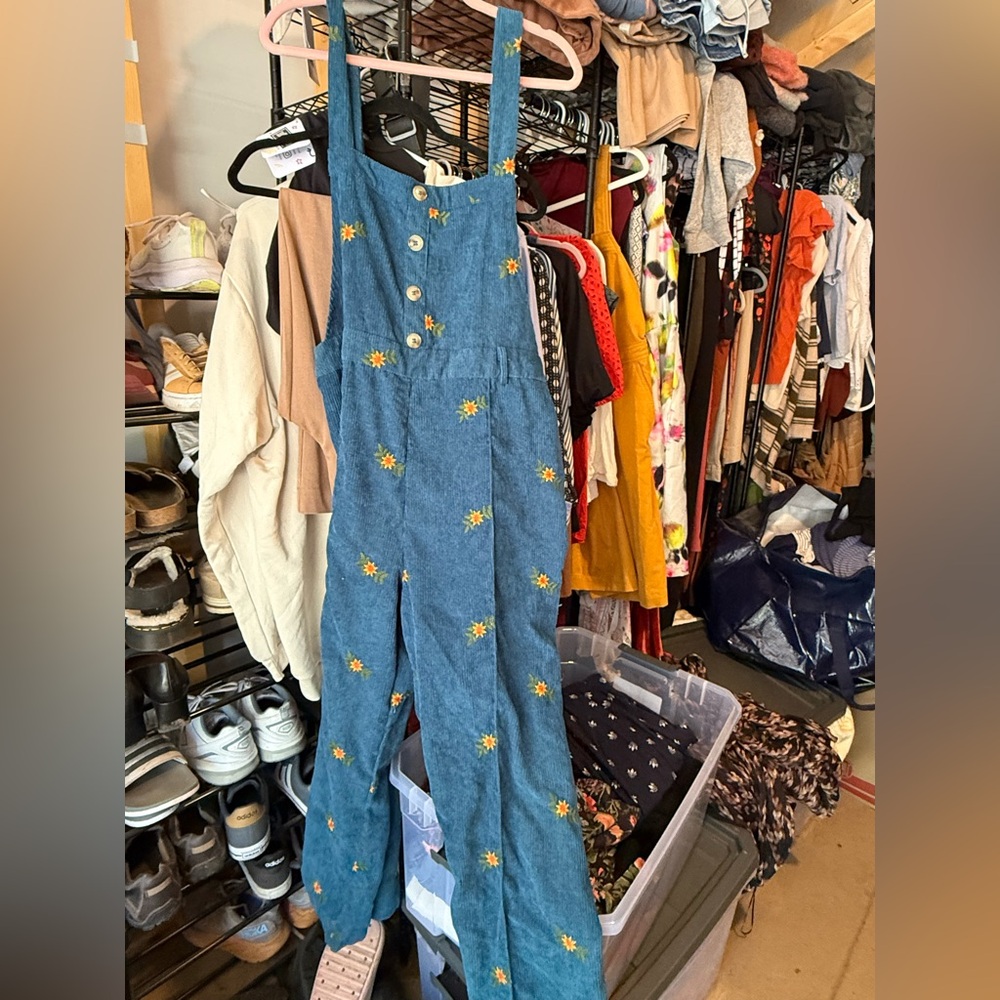 CIDER Blue Corduroy Floral Overalls – Size 1XL